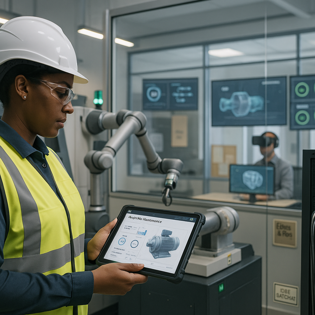 Modern factory scene: an engineer in a Werkstatt 4.0 jacket reviews a predictive maintenance
